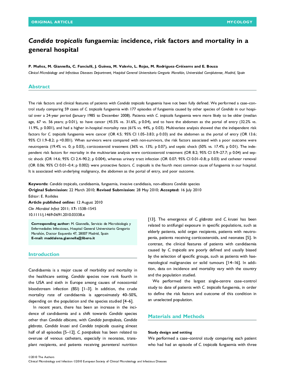 Candida tropicalis fungaemia: incidence, risk factors and mortality in a general hospital 