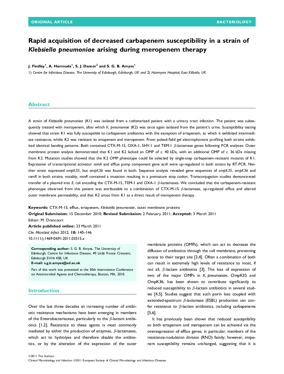 Rapid acquisition of decreased carbapenem susceptibility in a strain of Klebsiella pneumoniae arising during meropenem therapy 