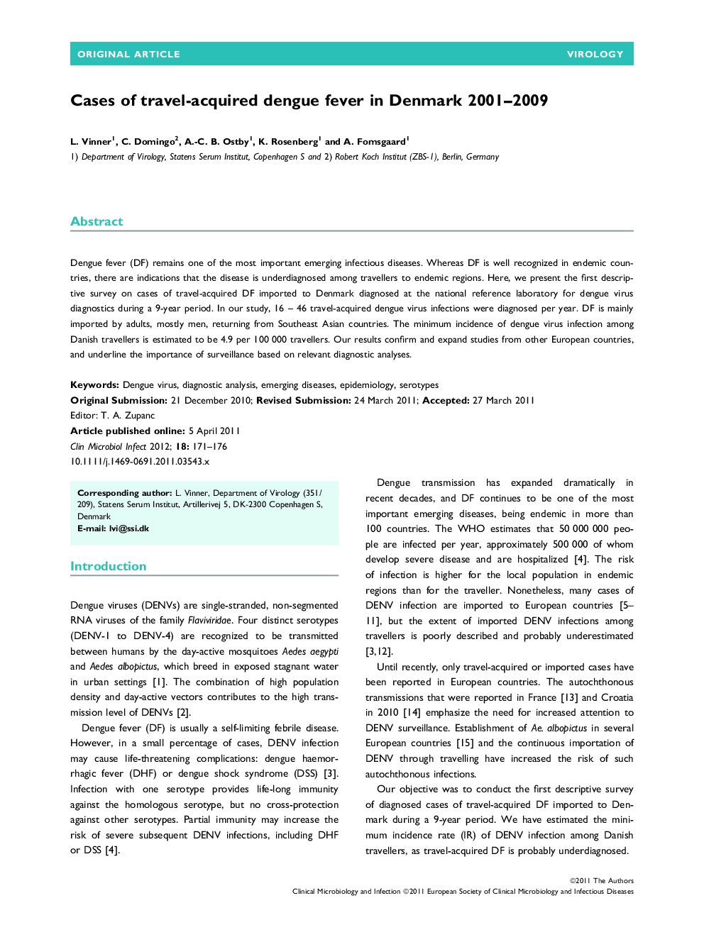 Cases of travel-acquired dengue fever in Denmark 2001–2009 