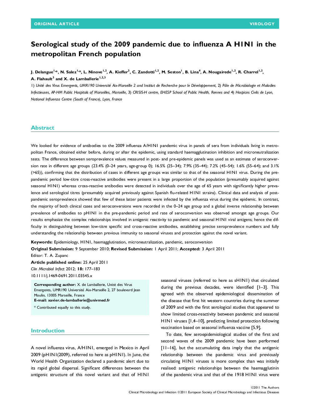 Serological study of the 2009 pandemic due to influenza A H1N1 in the metropolitan French population 