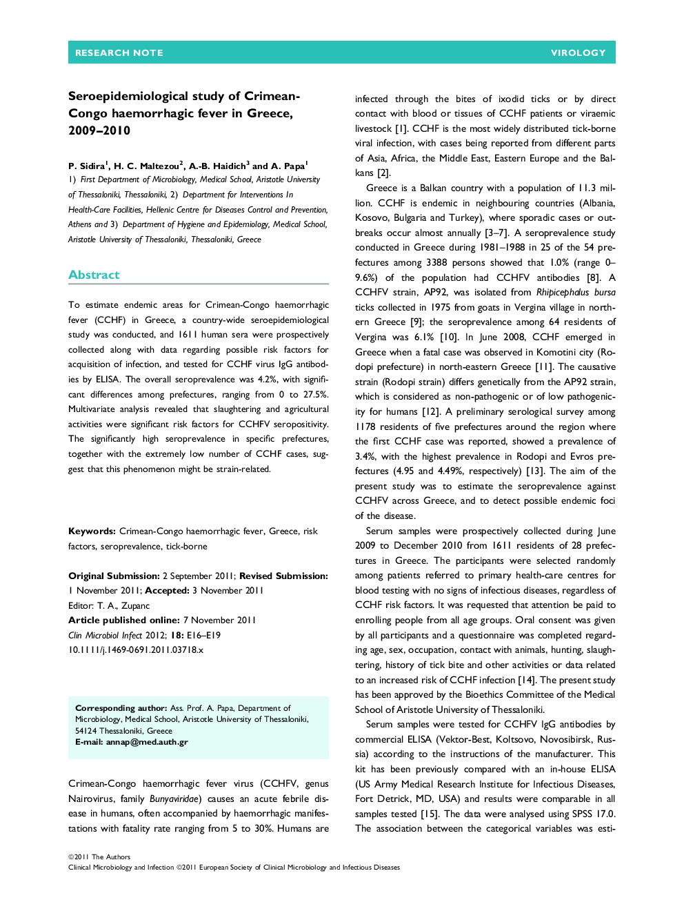 Seroepidemiological study of Crimean-Congo haemorrhagic fever in Greece, 2009–2010 