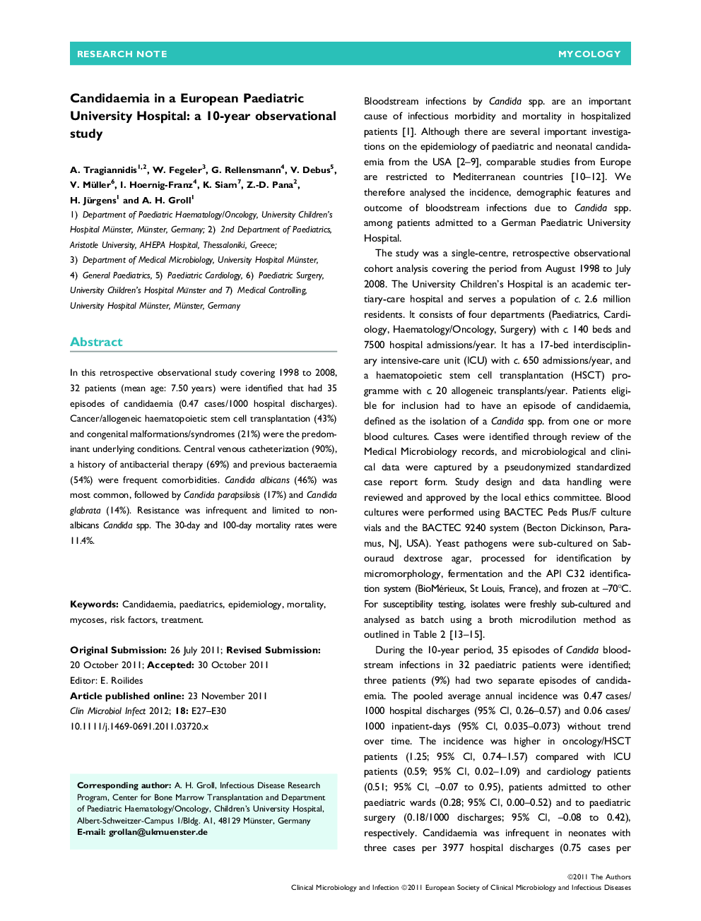 Candidaemia in a European Paediatric University Hospital: a 10-year observational study 