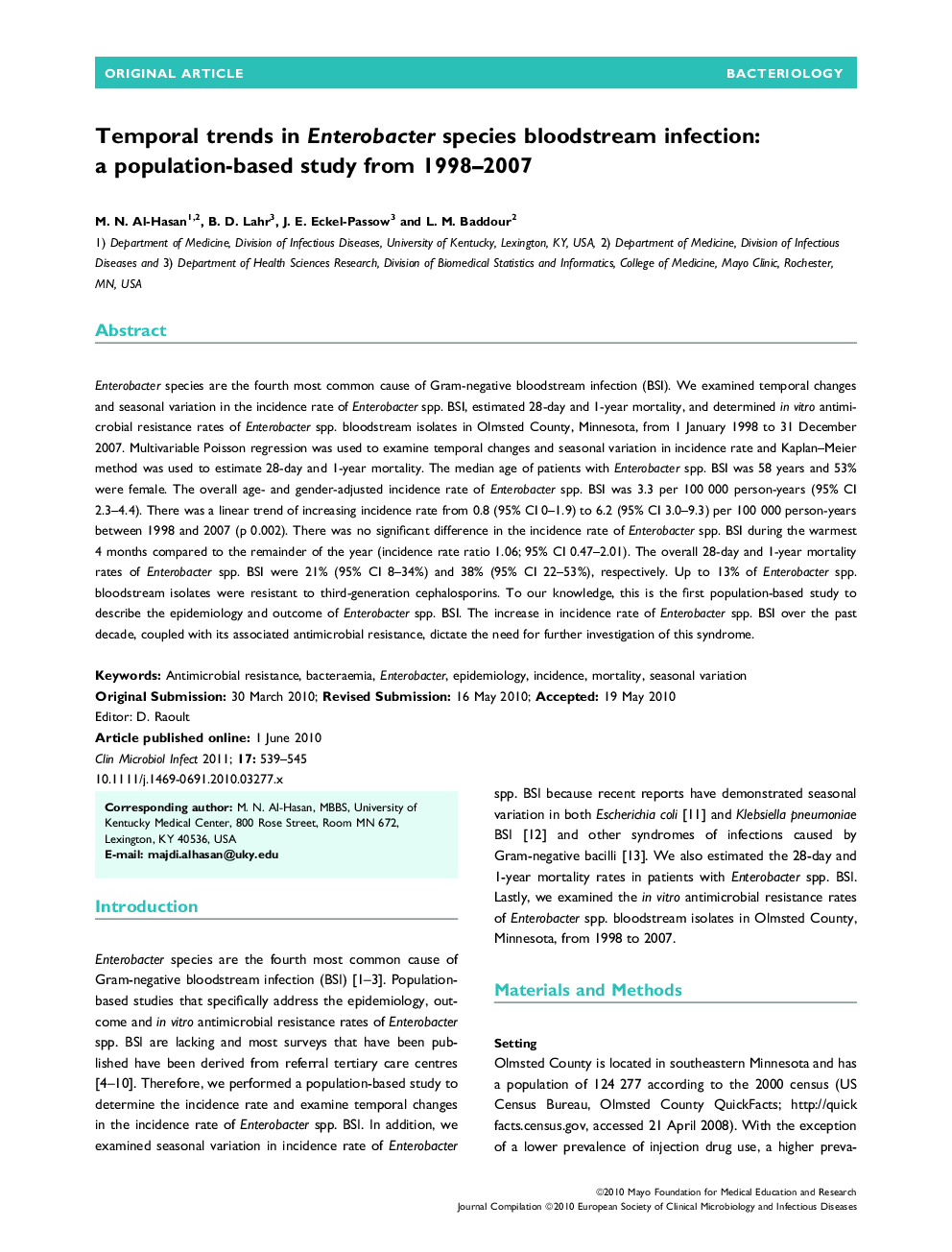 Temporal trends in Enterobacter species bloodstream infection: a population-based study from 1998–2007 