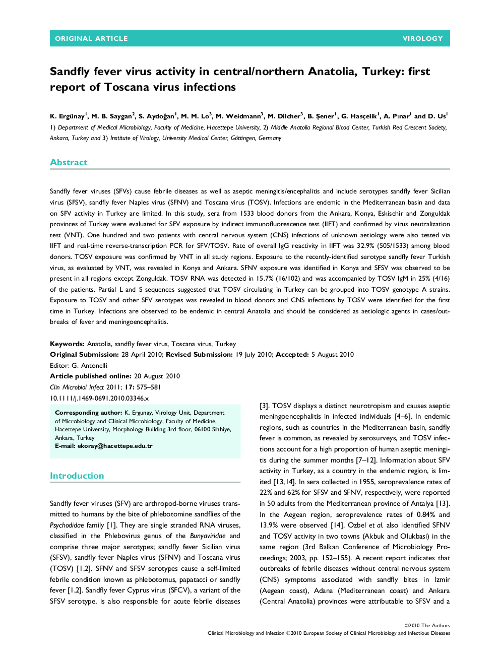 Sandfly fever virus activity in central/northern Anatolia, Turkey: first report of Toscana virus infections 