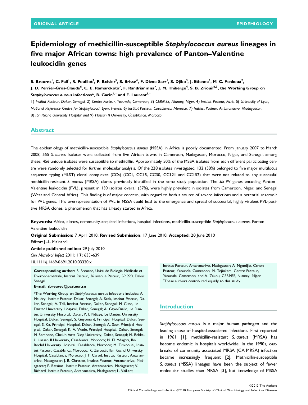 Epidemiology of methicillin-susceptible Staphylococcus aureus lineages in five major African towns: high prevalence of Panton-Valentine leukocidin genes 