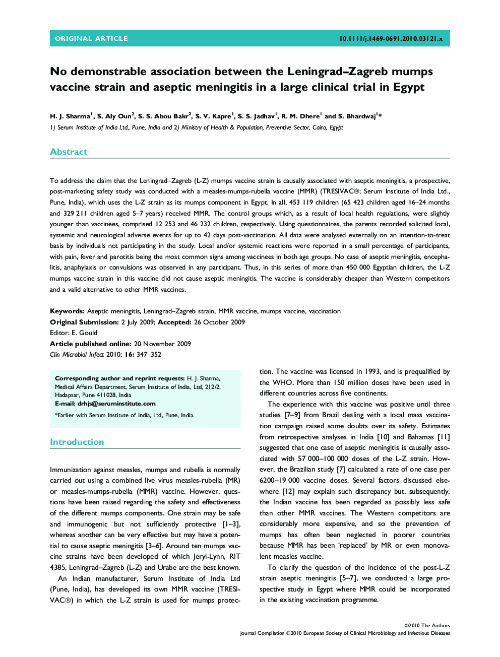 No demonstrable association between the Leningrad–Zagreb mumps vaccine strain and aseptic meningitis in a large clinical trial in Egypt 