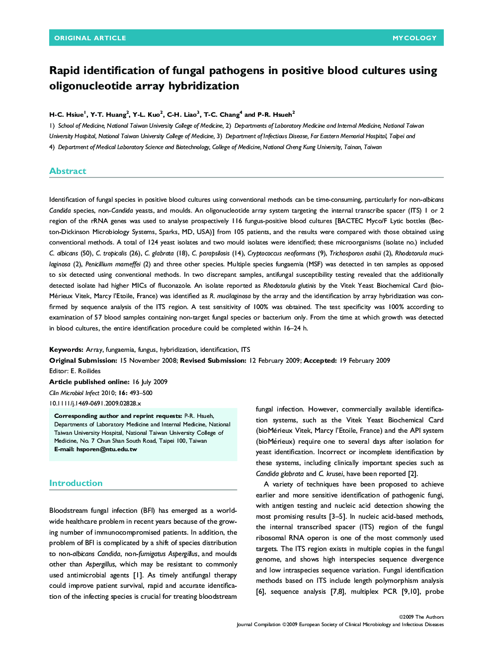 Rapid identification of fungal pathogens in positive blood cultures using oligonucleotide array hybridization 