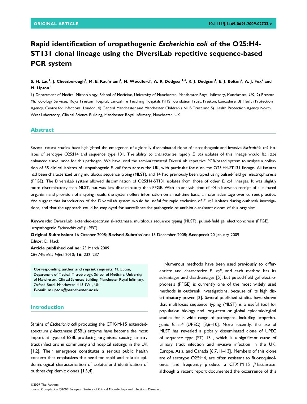 Rapid identification of uropathogenic Escherichia coli of the O25:H4-ST131 clonal lineage using the Diversi-Lab repetitive sequence-based PCR system 