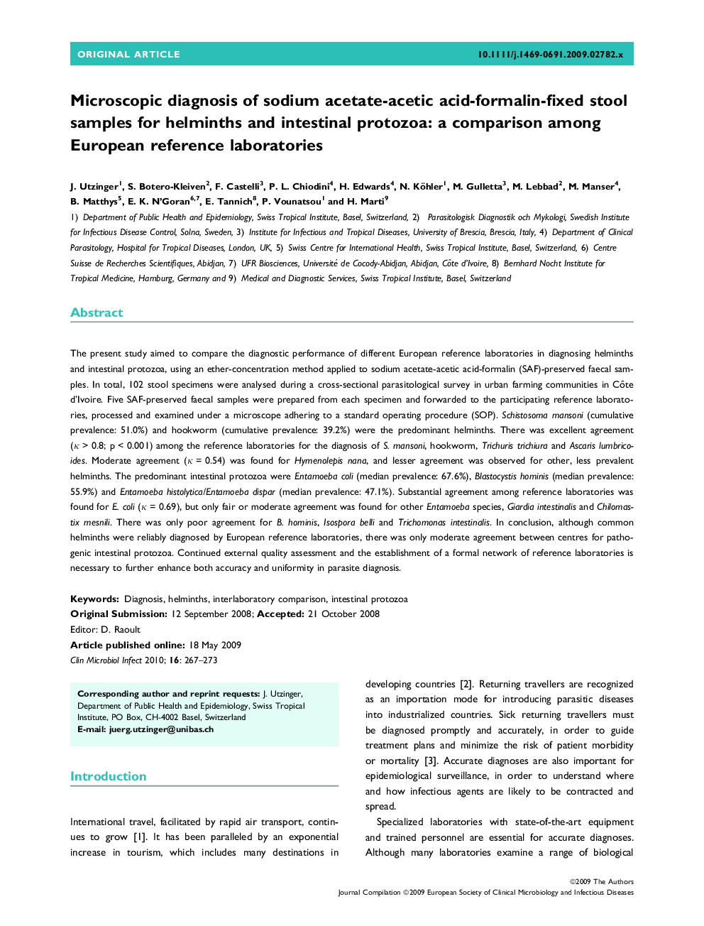 Microscopic diagnosis of sodium acetate-acetic acid-formalin-fixed stool samples for helminths and intestinal protozoa: a comparison among European reference laboratories 