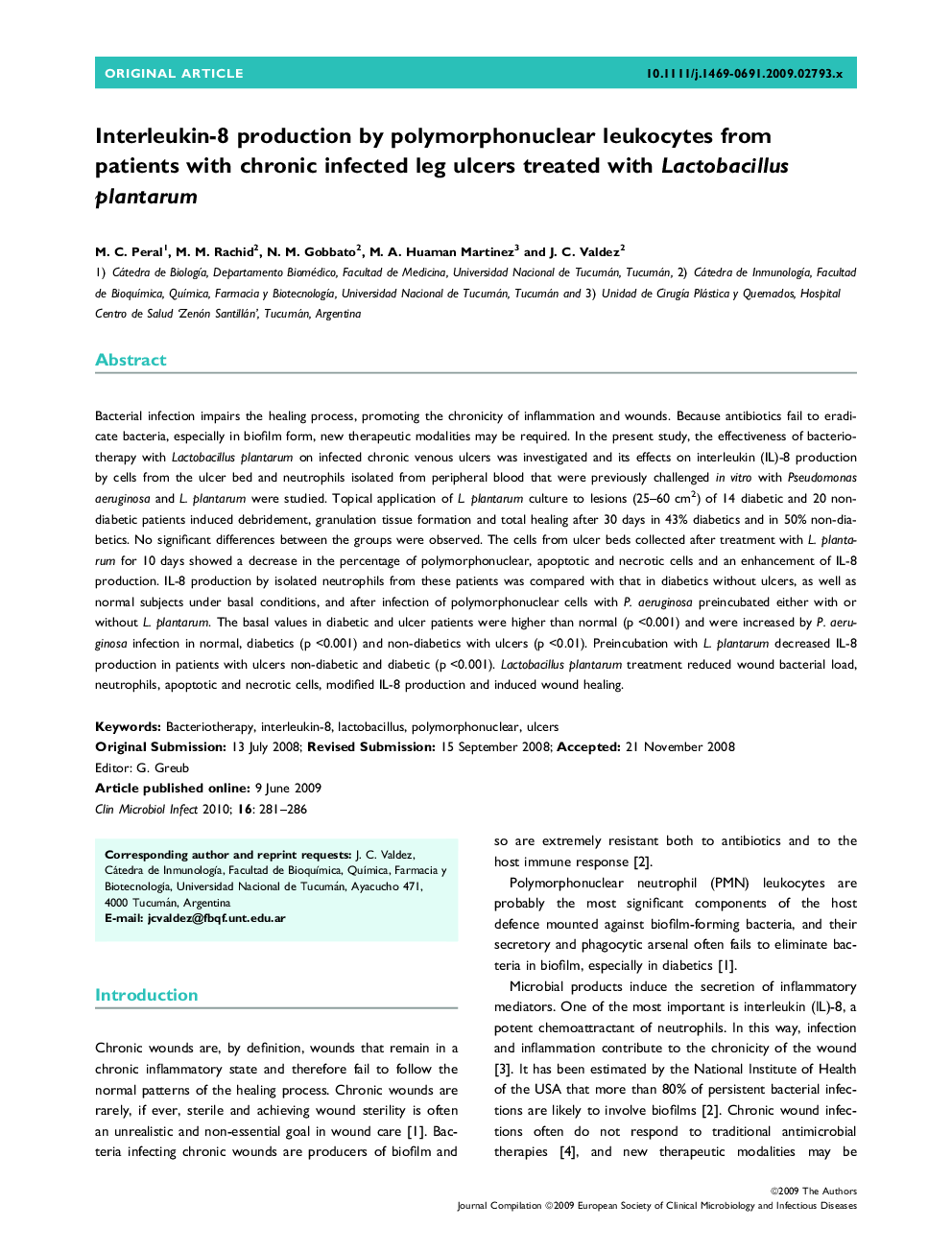 Interleukin-8 production by polymorphonuclear leukocytes from patients with chronic infected leg ulcers treated with Lactobacillus plantarum 