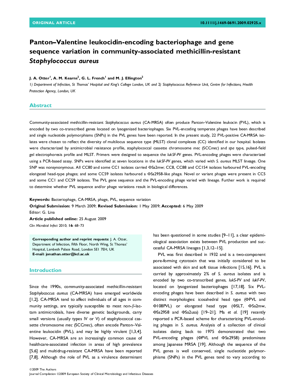 Panton–Valentine leukocidin-encoding bacteriophage and gene sequence variation in community-associated methicillin-resistant Staphylococcus aureus 