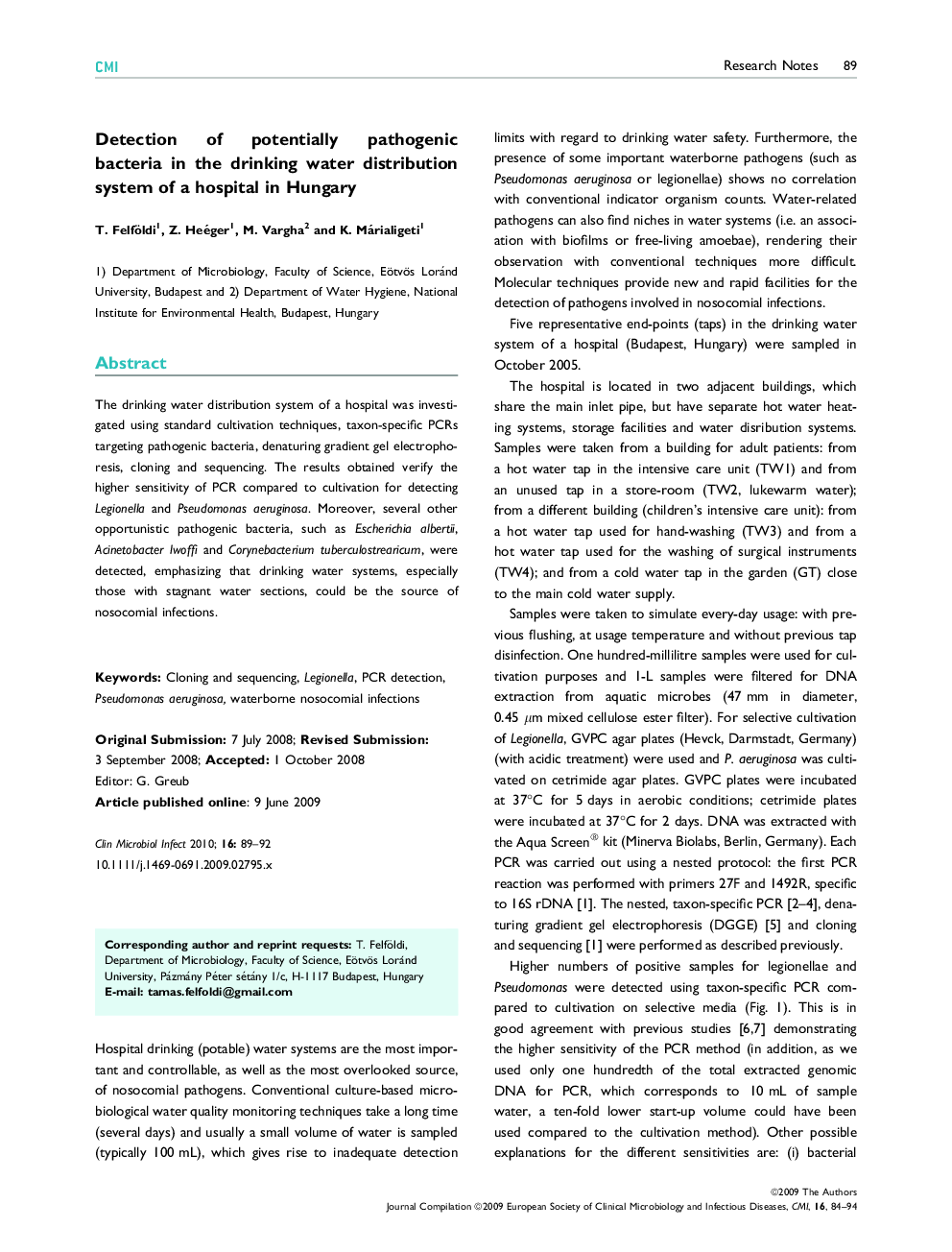 Detection of potentially pathogenic bacteria in the drinking water distribution system of a hospital in Hungary 