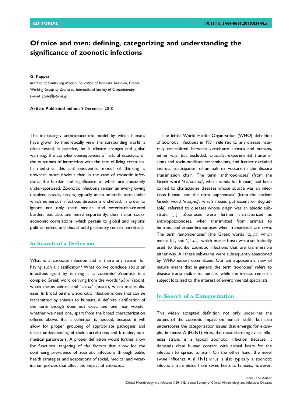 Of mice and men: defining, categorizing and understanding the significance of zoonotic infections