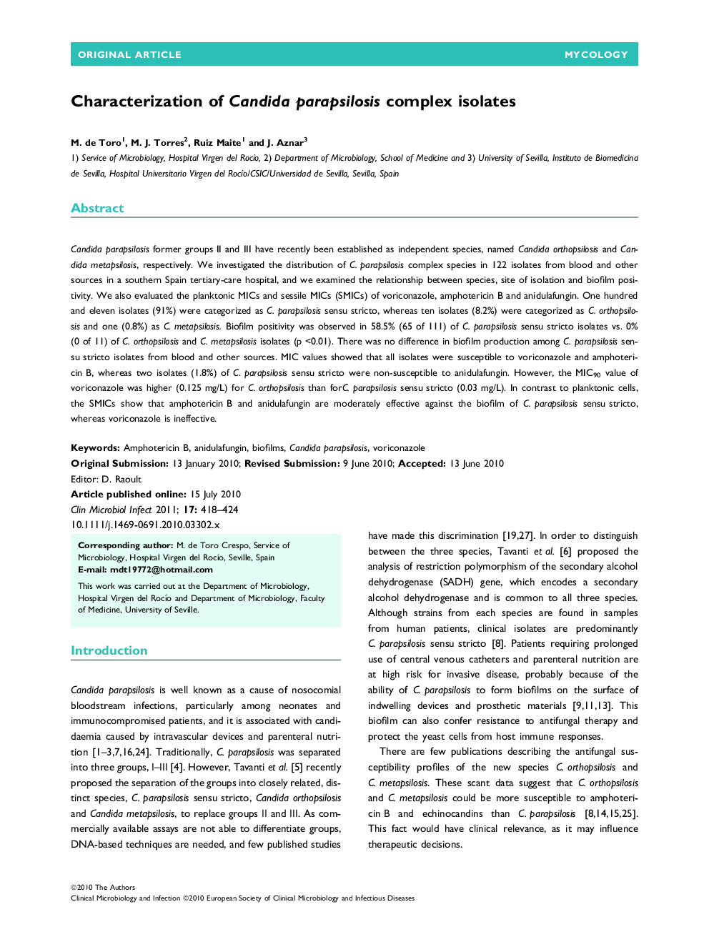 عکس صفحه اول مقاله: Characterization of Candida parapsilosis complex isolates Characterization of Candida parapsilosis complex isolates