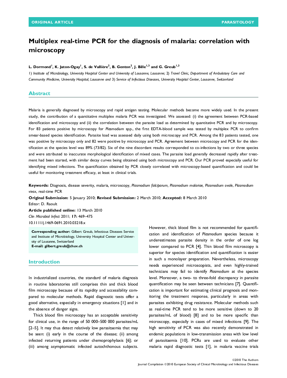 Multiplex real-time PCR for the diagnosis of malaria: correlation with microscopy 