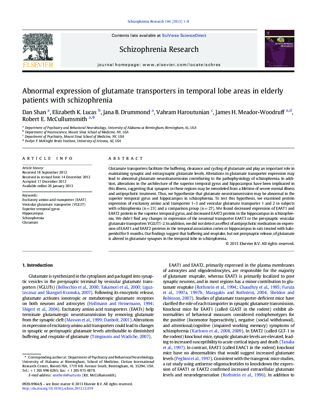 Abnormal expression of glutamate transporters in temporal lobe areas in elderly patients with schizophrenia