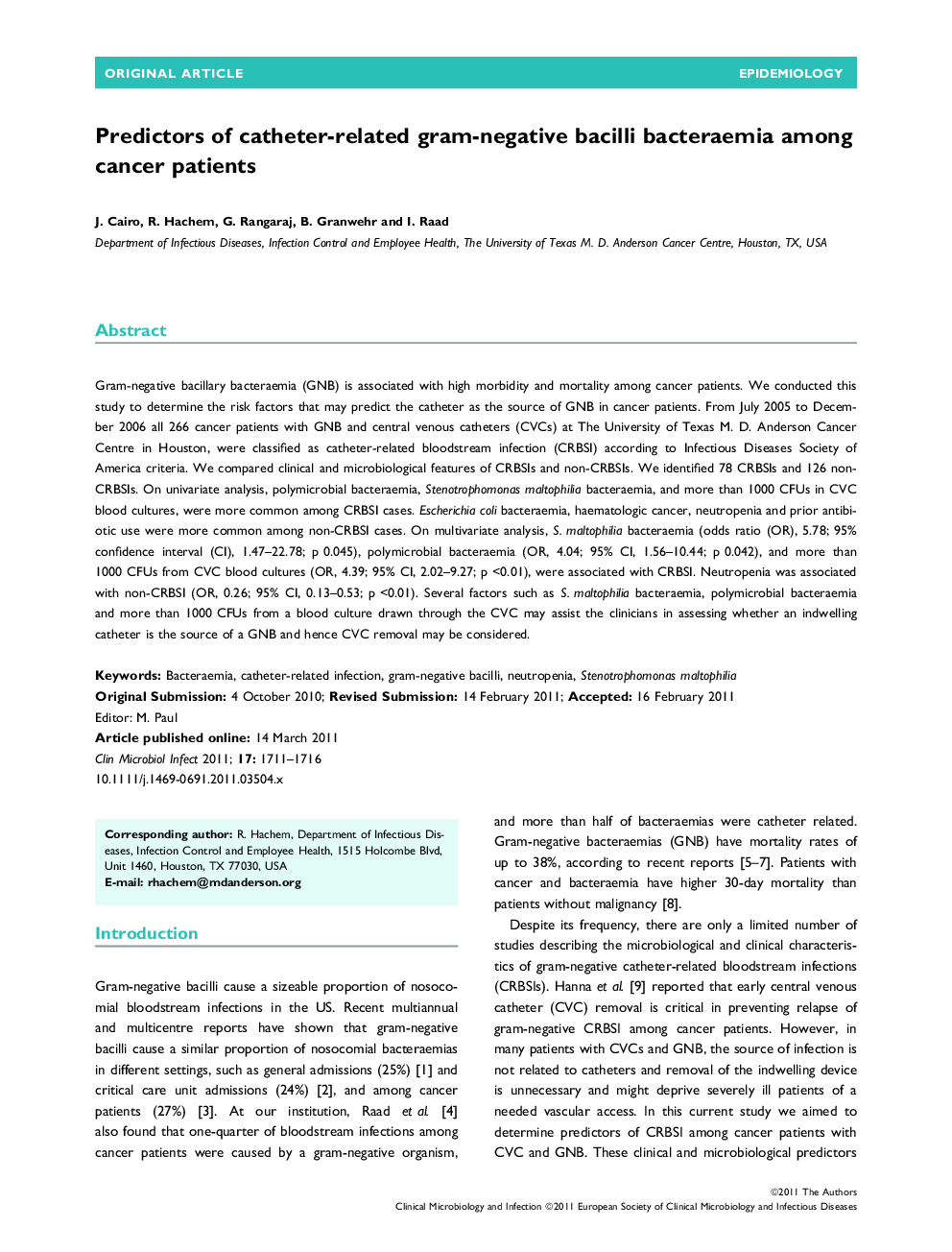 Predictors of catheter-related gram-negative bacilli bacteraemia among cancer patients 