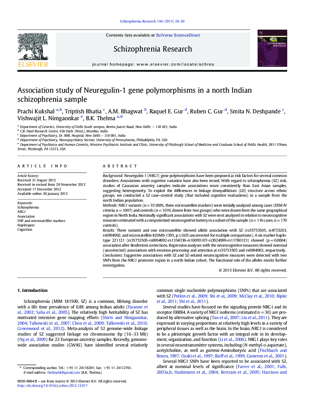 Association study of Neuregulin-1 gene polymorphisms in a north Indian schizophrenia sample