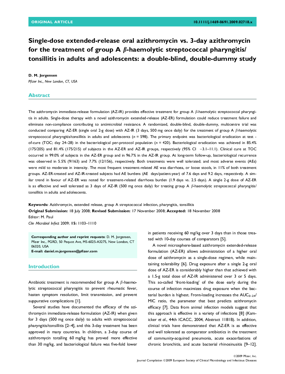 Single-dose extended-release oral azithromycin vs. 3-day azithromycin for the treatment of group A β-haemolytic streptococcal pharyngitis/tonsillitis in adults and adolescents: a double-blind, double-dummy study 