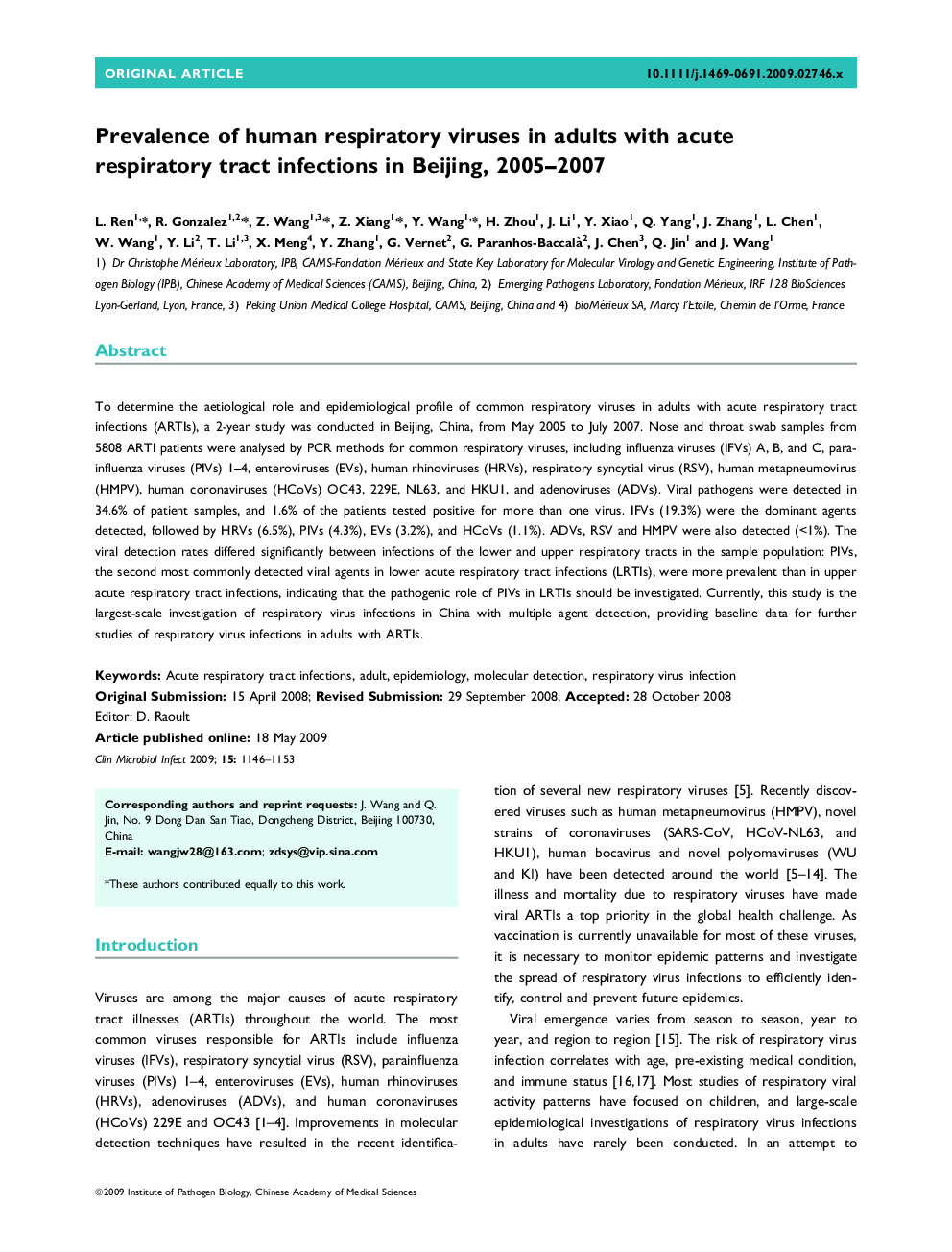 Prevalence of human respiratory viruses in adults with acute respiratory tract infections in Beijing, 2005–2007 