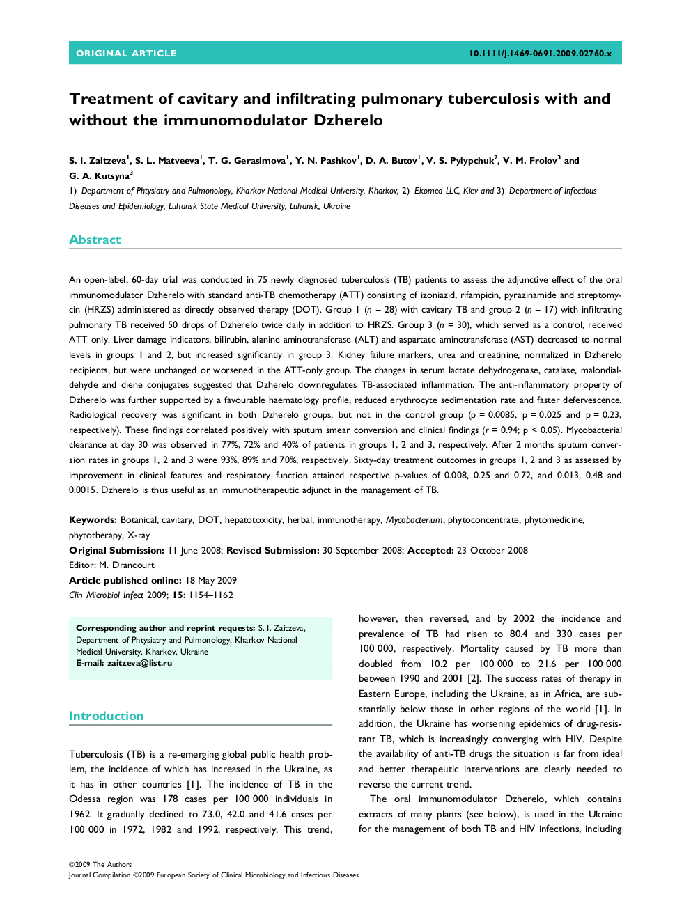 Treatment of cavitary and infiltrating pulmonary tuberculosis with and without the immunomodulator Dzherelo 