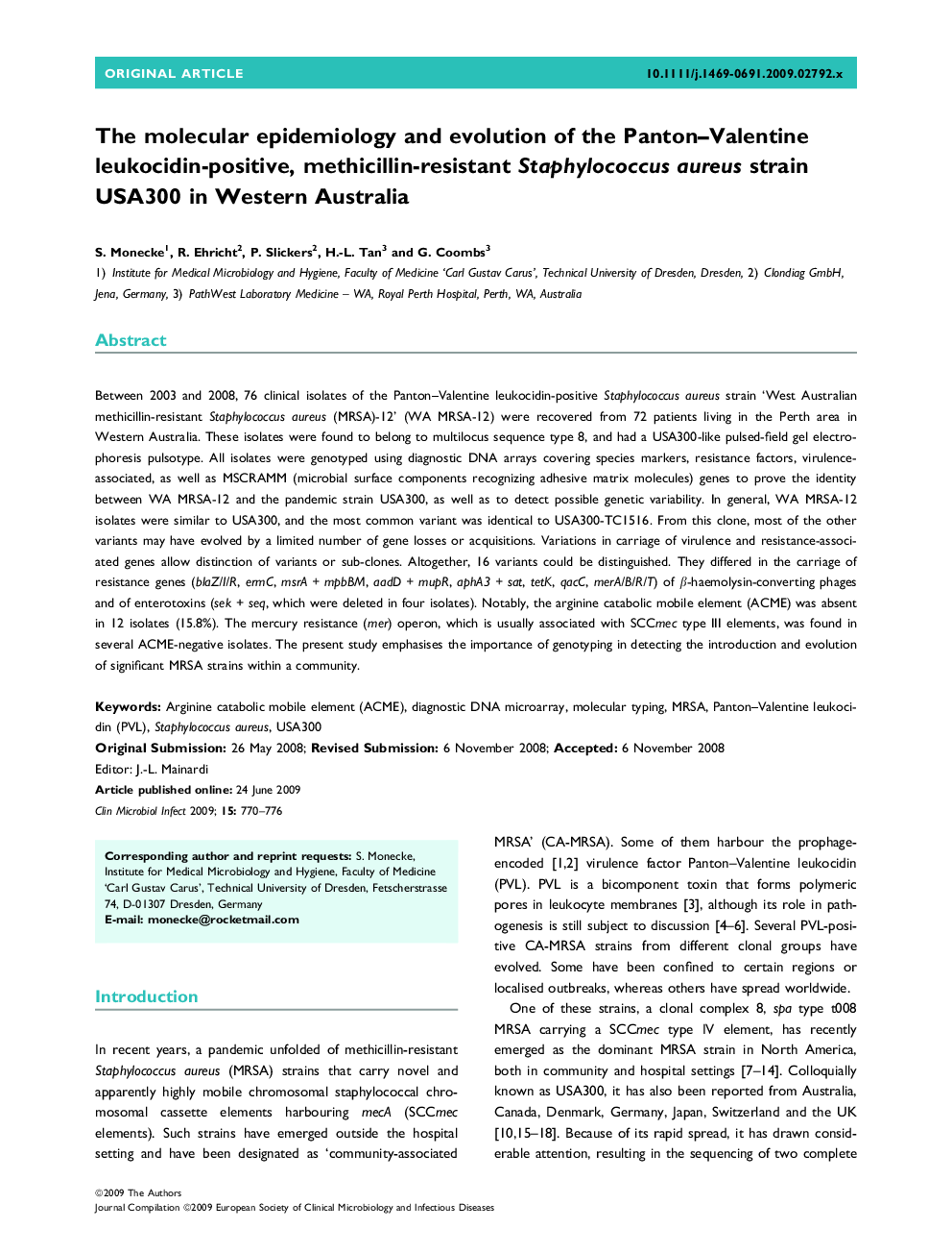 The molecular epidemiology and evolution of the Panton–Valentine leukocidin-positive, methicillin-resistant Staphylococcus aureus strain USA300 in Western Australia 