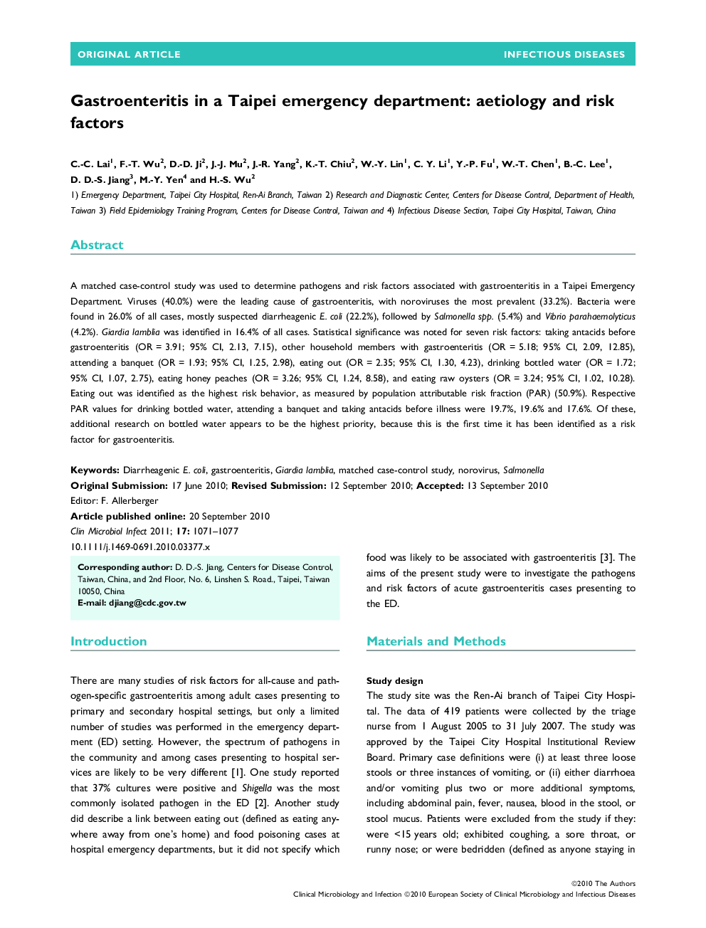 Gastroenteritis in a Taipei emergency department: aetiology and risk factors 