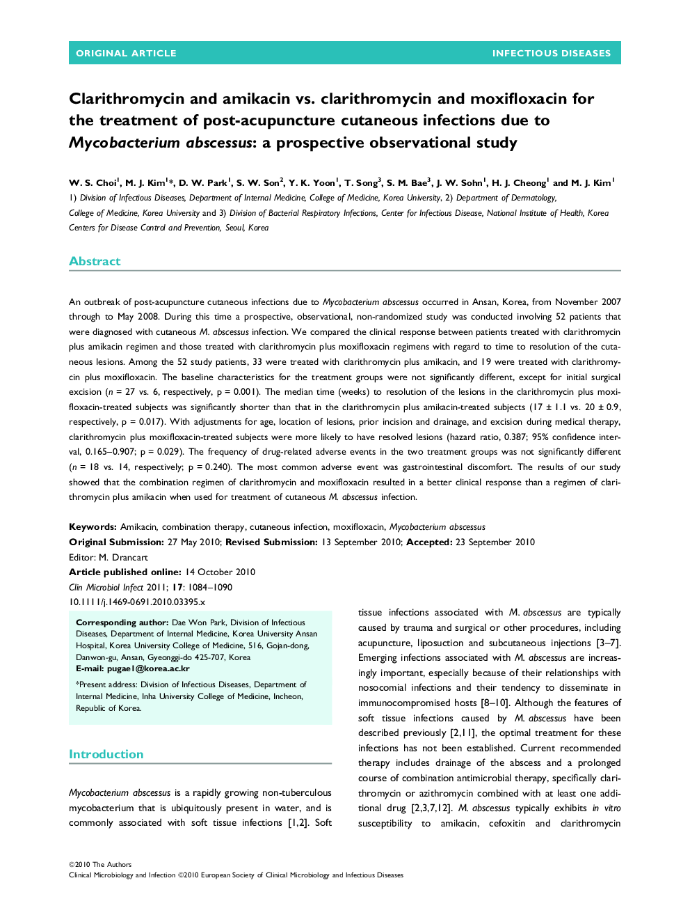 Clarithromycin and amikacin vs. clarithromycin and moxifloxacin for the treatment of post-acupuncture cutaneous infections due to Mycobacterium abscessus: a prospective observational study 