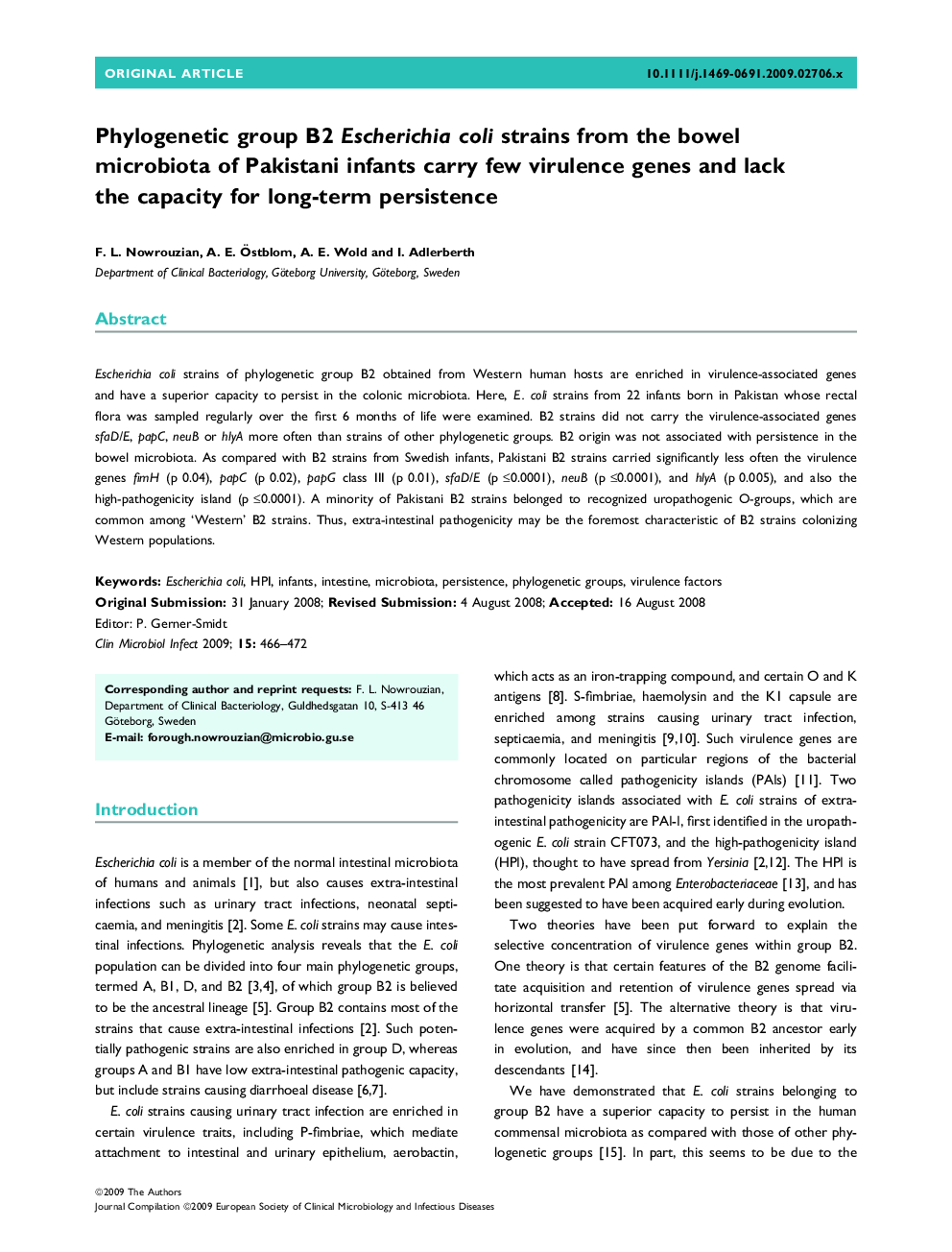 Phylogenetic group B2 Escherichia coli strains from the bowel microbiota of Pakistani infants carry few virulence genes and lack the capacity for long-term persistence 