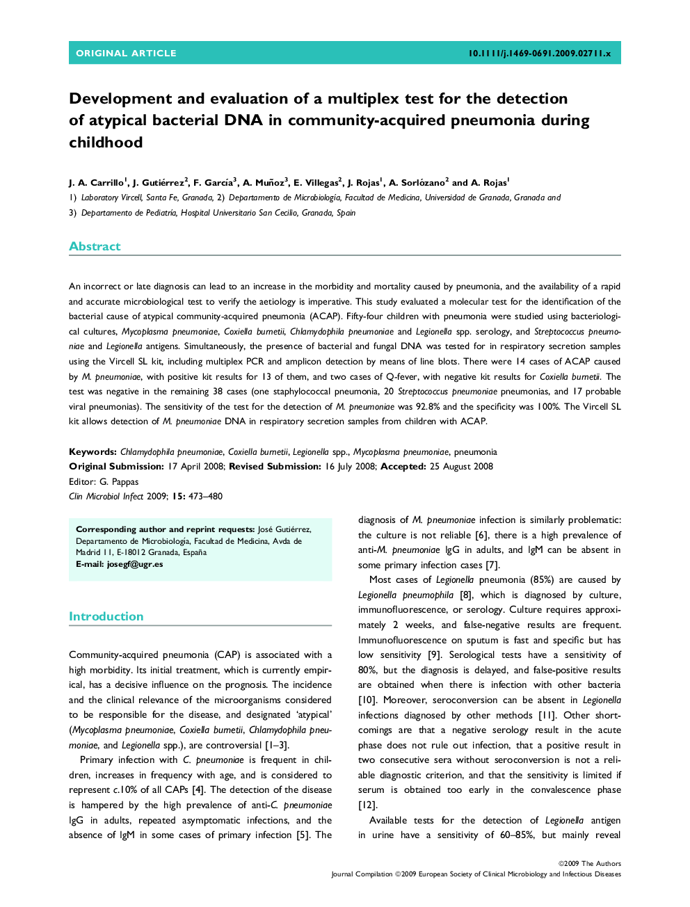 Development and evaluation of a multiplex test for the detection of atypical bacterial DNA in community-acquired pneumonia during childhood 