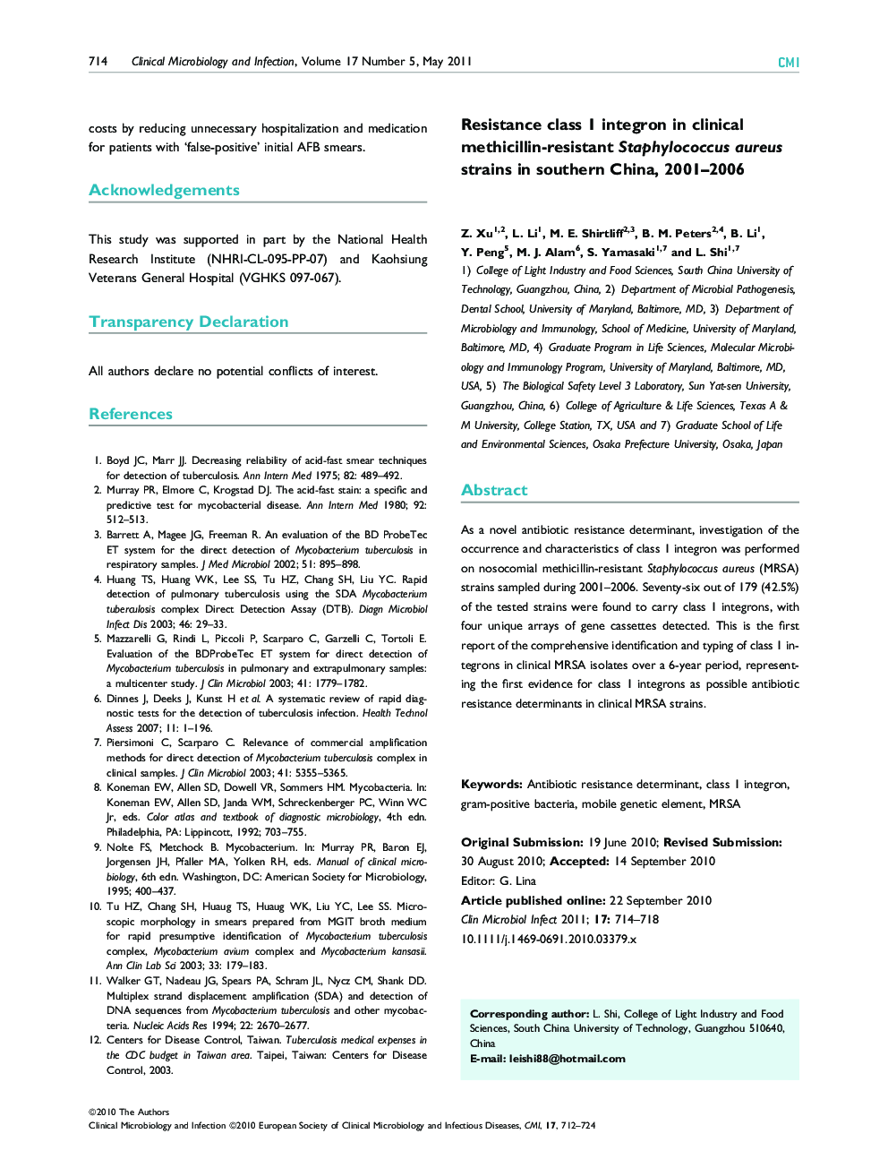 Resistance class 1 integron in clinical methicillin‐resistant Staphylococcus aureus strains in southern China, 2001–2006 