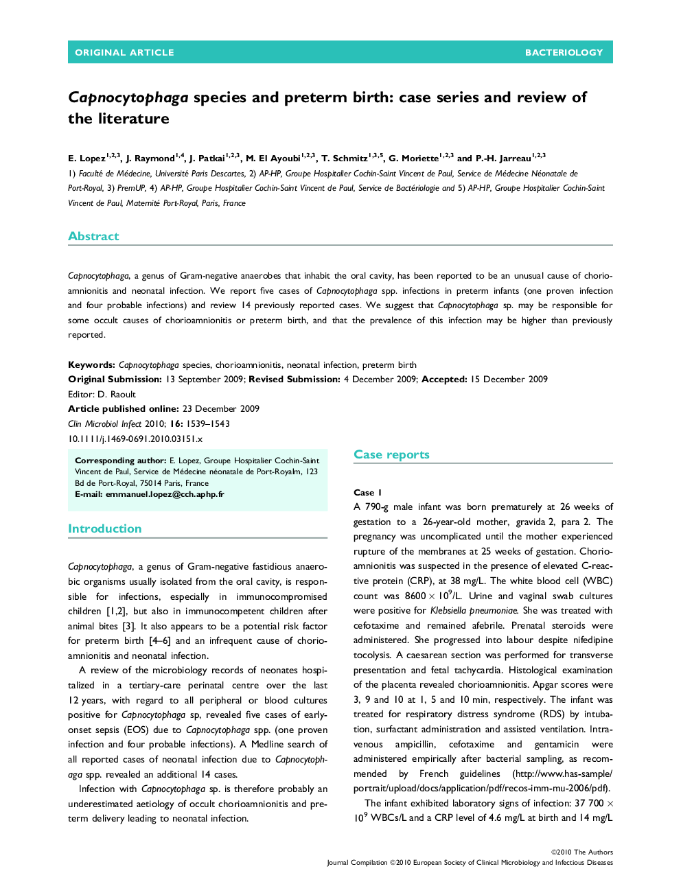 Capnocytophaga species and preterm birth: case series and review of the literature 