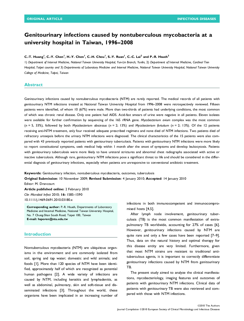 Genitourinary infections caused by nontuberculous mycobacteria at a university hospital in Taiwan, 1996–2008 