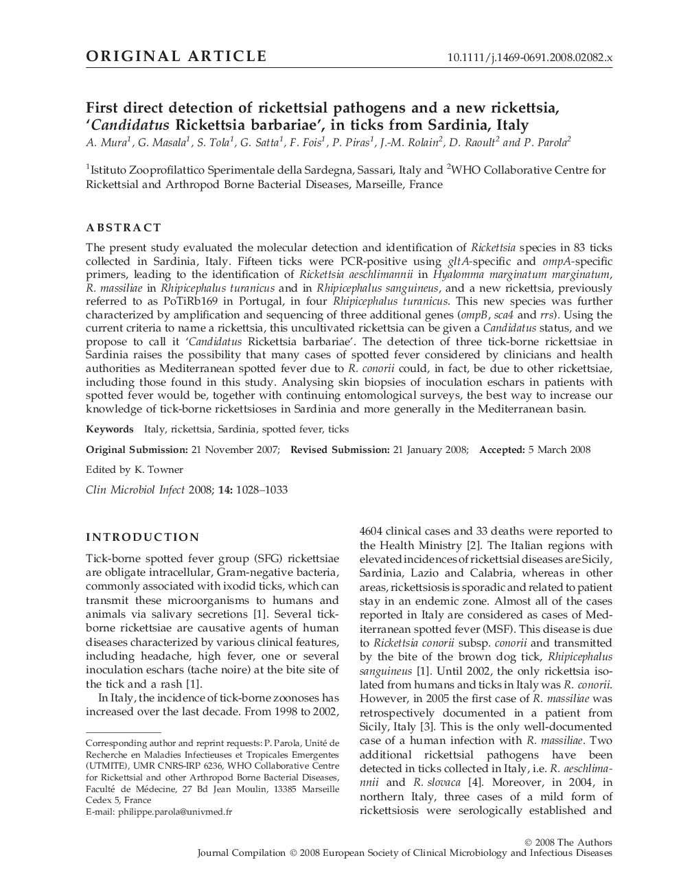 First direct detection of rickettsial pathogens and a new rickettsia, 'Candidatus Rickettsia barbariae', in ticks from Sardinia, Italy 