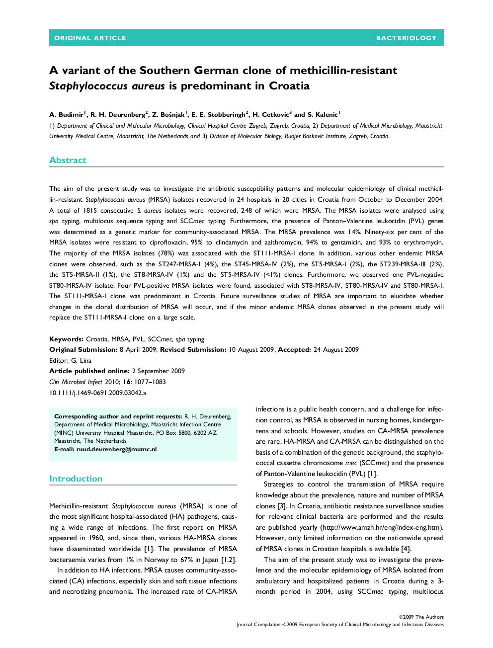 A variant of the Southern German clone of methicillin-resistant Staphylococcus aureus is predominant in Croatia 