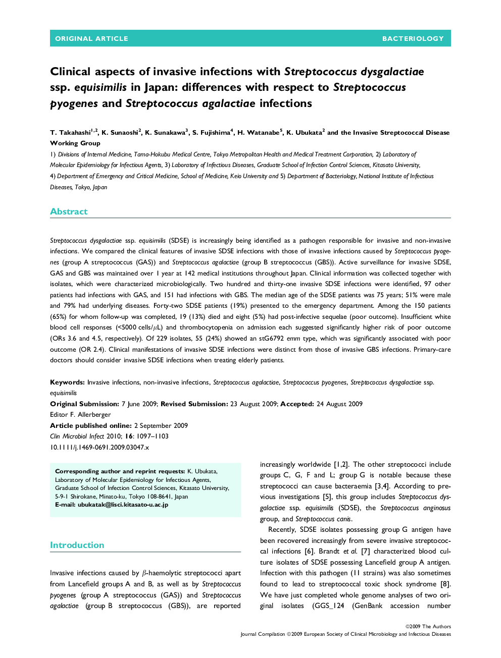 Clinical aspects of invasive infections with Streptococcus dysgalactiae ssp. equisimilis in Japan: differences with respect to Streptococcus pyogenes and Streptococcus agalactiae infections 