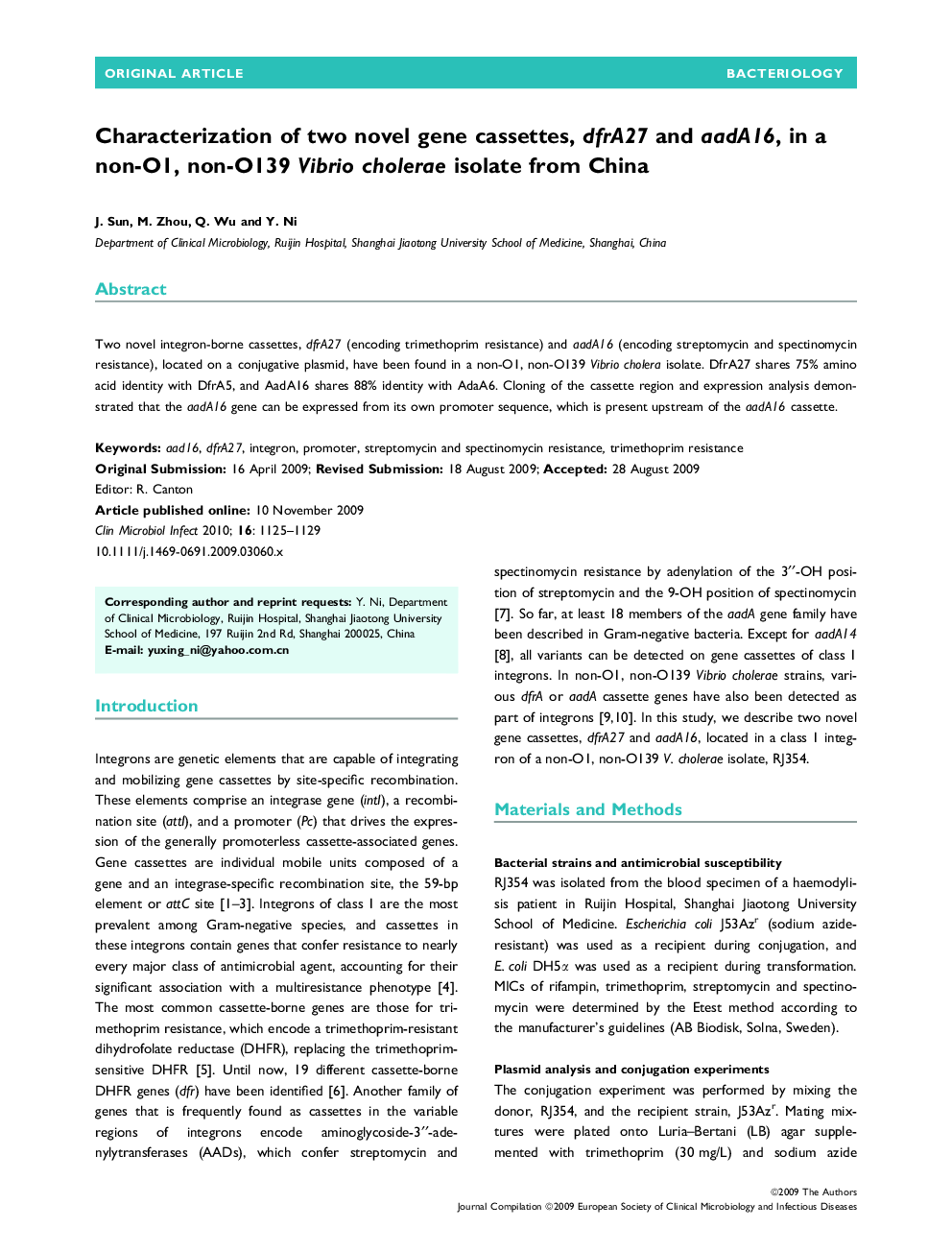 Characterization of two novel gene cassettes, dfrA27 and aadA16, in a non-O1, non-O139 Vibrio cholerae isolate from China 