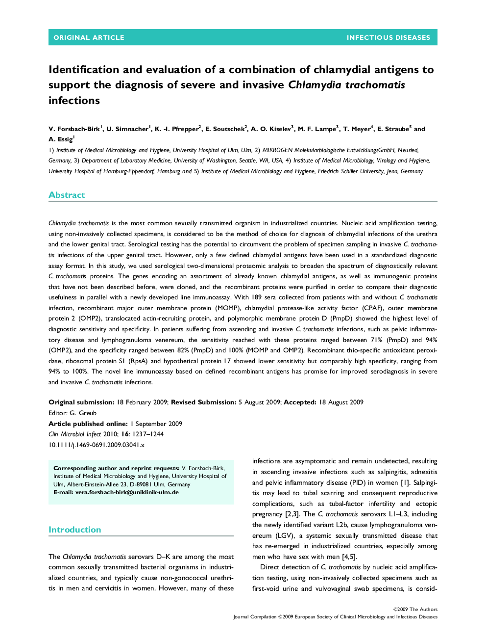 Identification and evaluation of a combination of chlamydial antigens to support the diagnosis of severe and invasive Chlamydia trachomatis infections 
