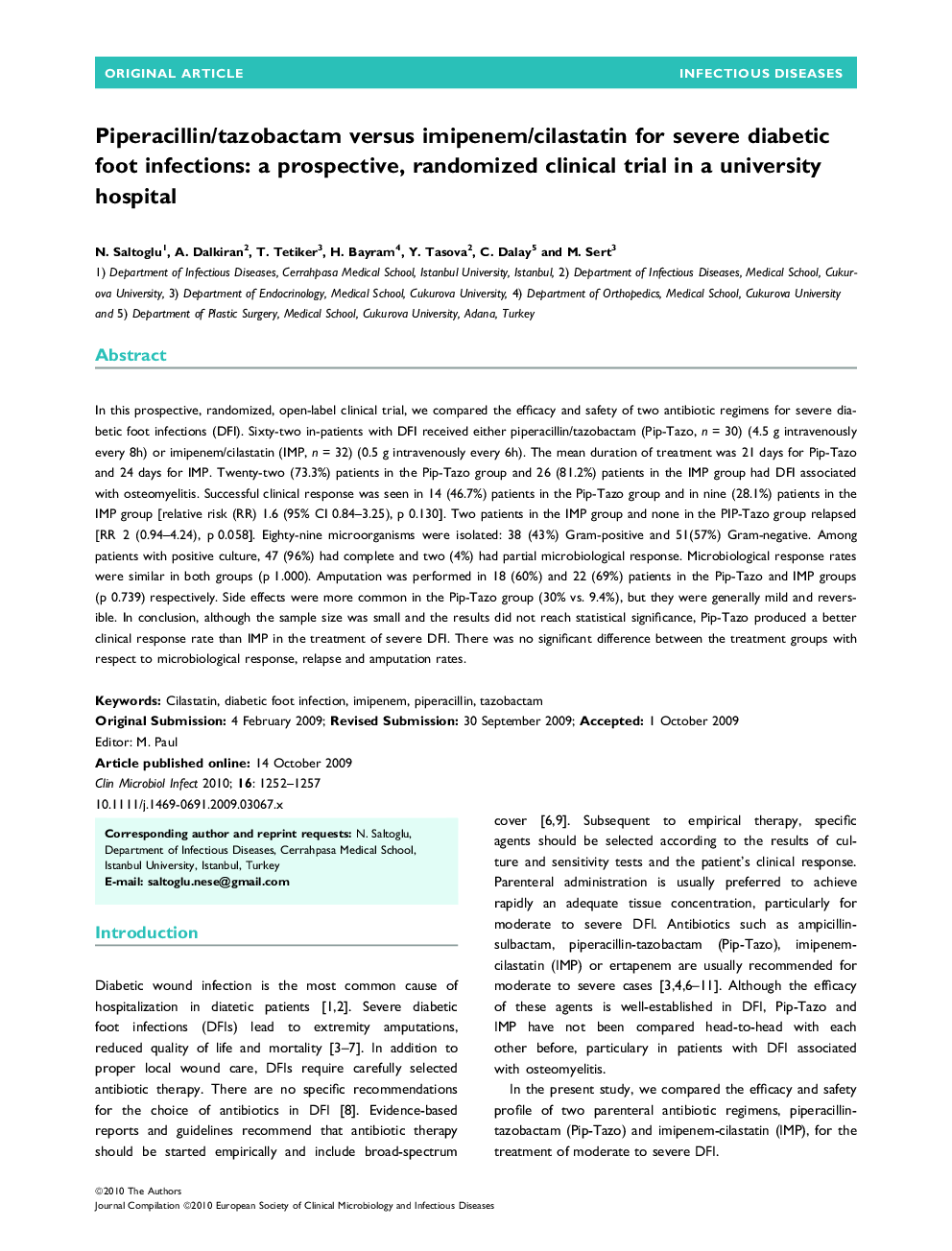 عکس صفحه اول مقاله: Piperacillin/tazobactam versus imipenem/cilastatin for severe diabetic foot infections: a prospective, randomized clinical trial in a university hospital Piperacillin/tazobactam versus imipenem/cilastatin for severe diabetic foot infections: a prospective, randomized clinical trial in a university hospital