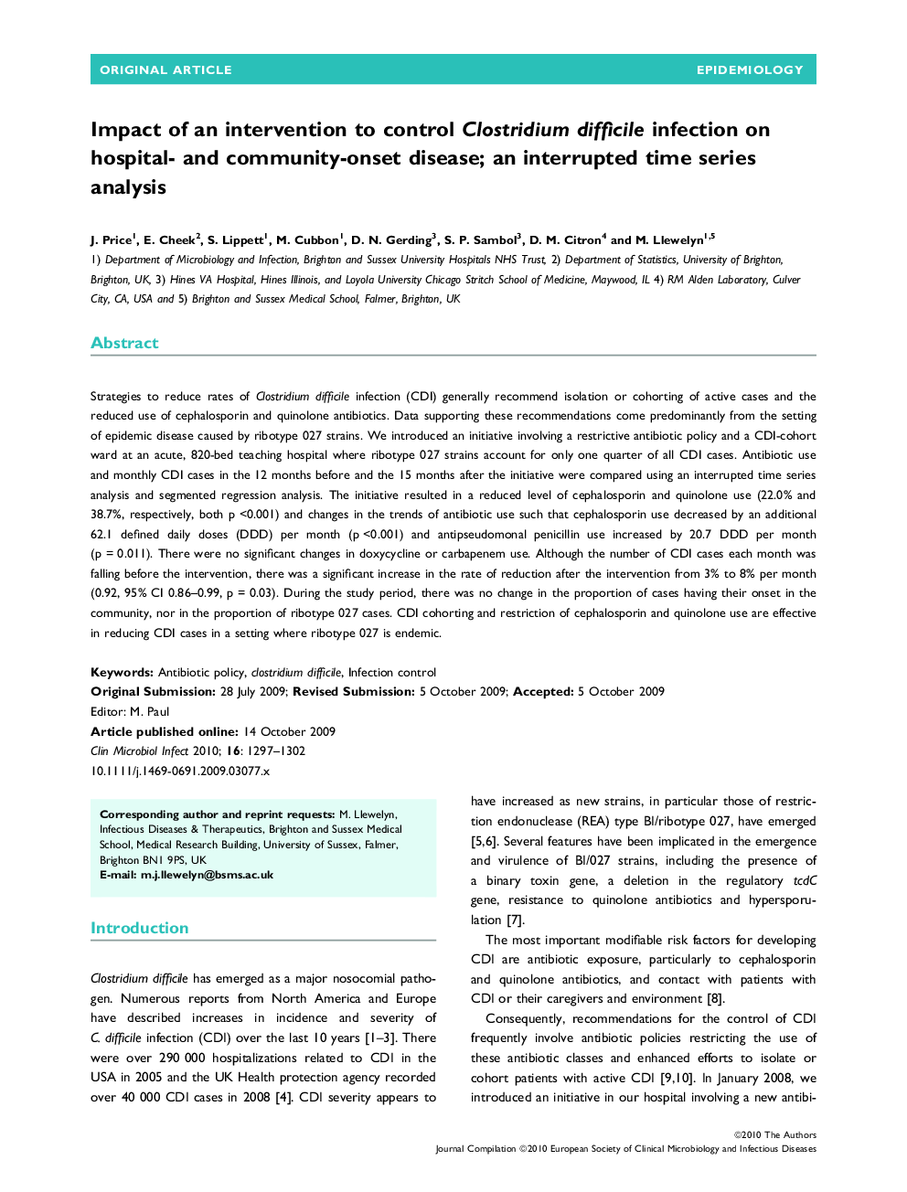 Impact of an intervention to control Clostridium difficile infection on hospital- and community-onset disease; an interrupted time series analysis 