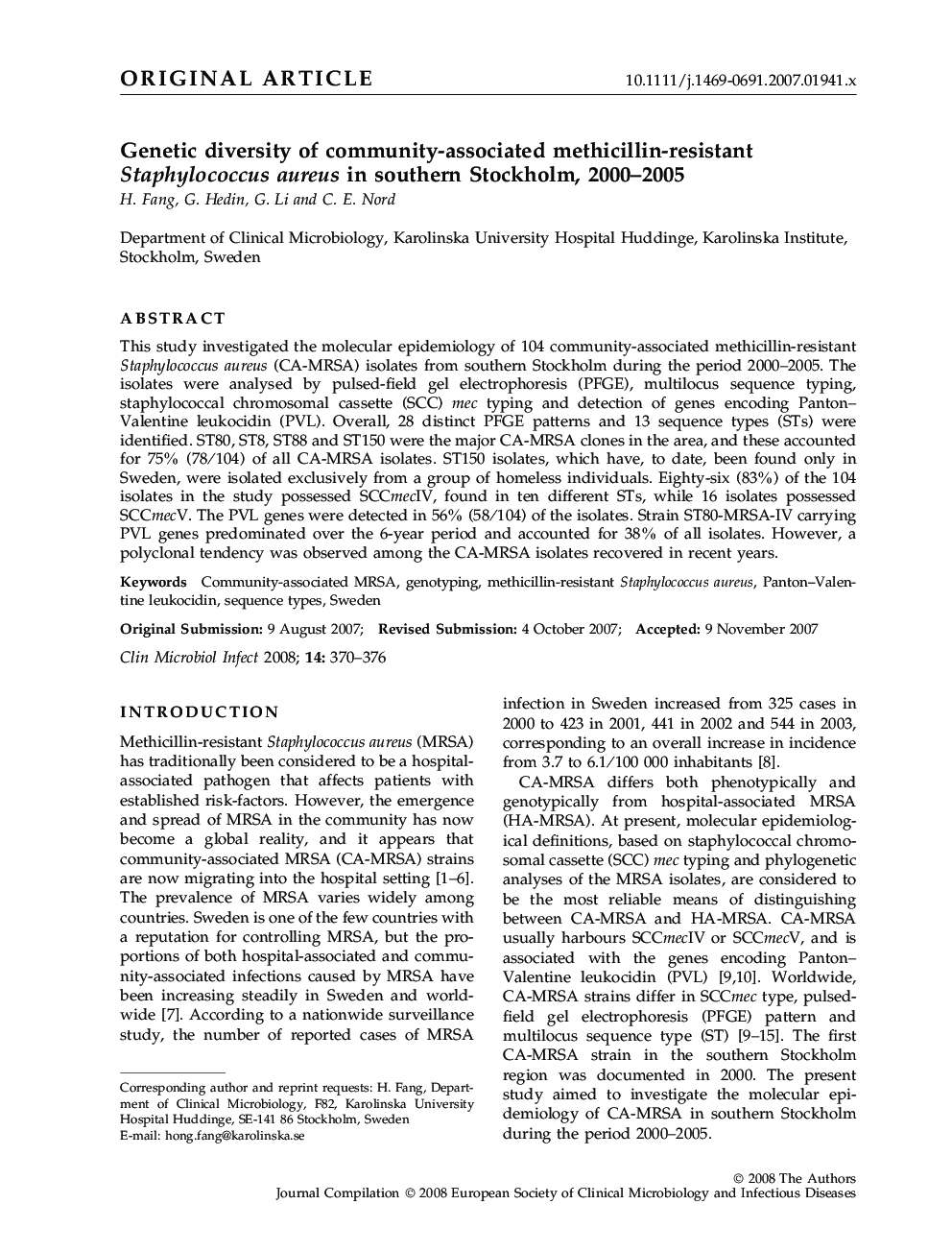 Genetic diversity of community-associated methicillin-resistant Staphylococcus aureus in southern Stockholm, 2000-2005