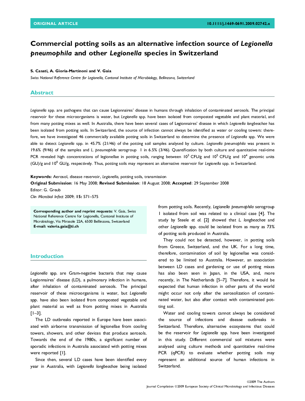 Commercial potting soils as an alternative infection source of Legionella pneumophila and other Legionella species in Switzerland 