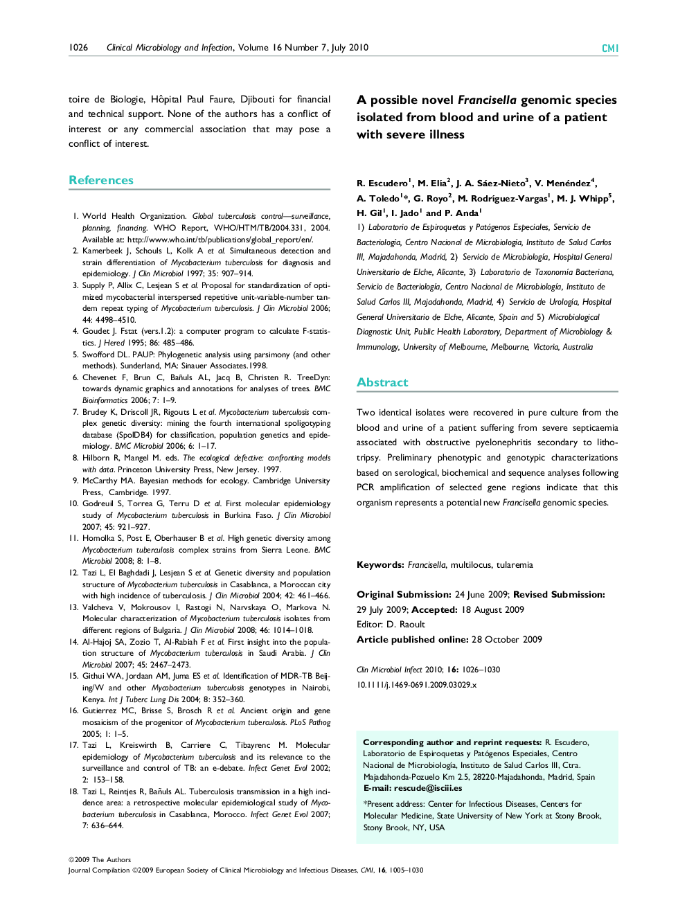 A possible novel Francisellagenomic species isolated from blood and urine of a patient with severe illness 