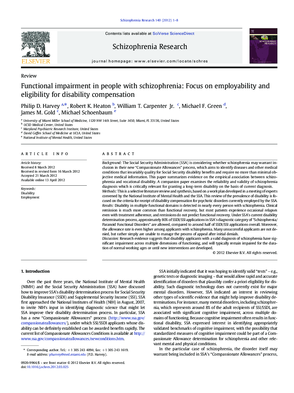 Functional impairment in people with schizophrenia: Focus on employability and eligibility for disability compensation