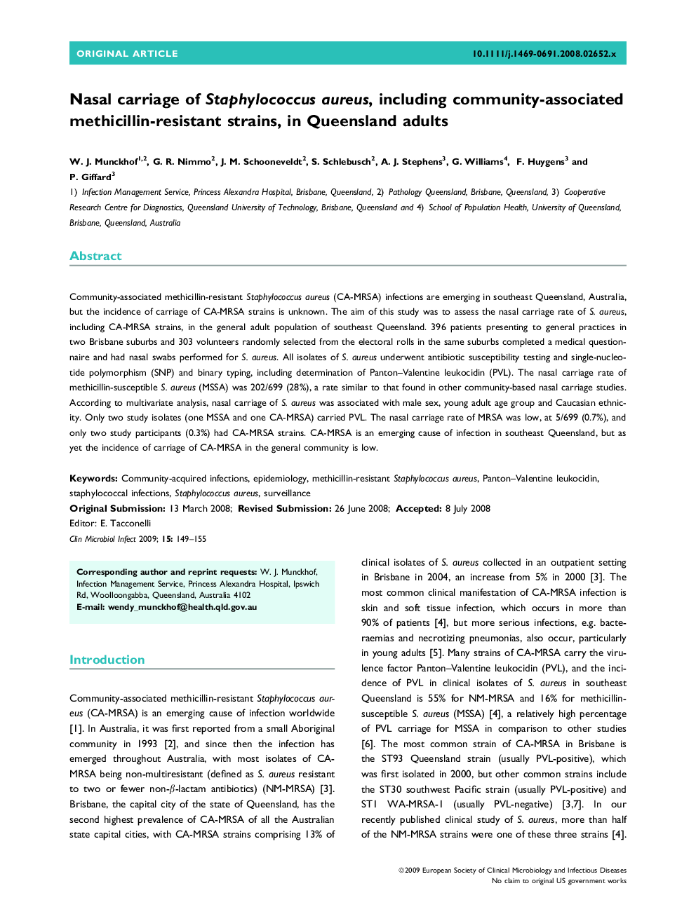 Nasal carriage of Staphylococcus aureus, including community-associated methicillin-resistant strains, in Queensland adults 