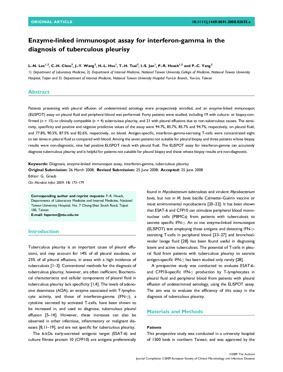 Enzyme-linked immunospot assay for interferon-gamma in the diagnosis of tuberculous pleurisy