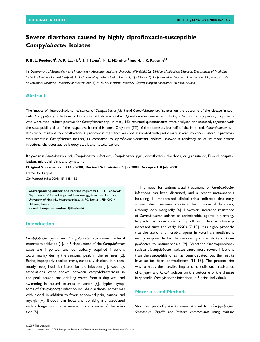 Severe diarrhoea caused by highly ciprofloxacin-susceptible Campylobacter isolates 