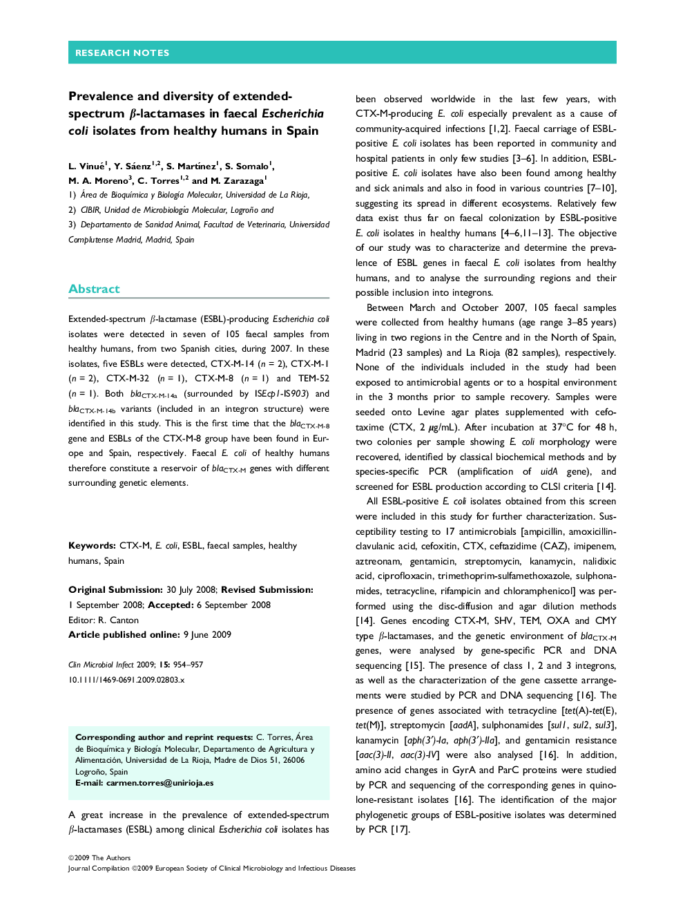 Prevalence and diversity of extended-spectrum ß-lactamases in faecal Escherichia coli isolates from healthy humans in Spain 