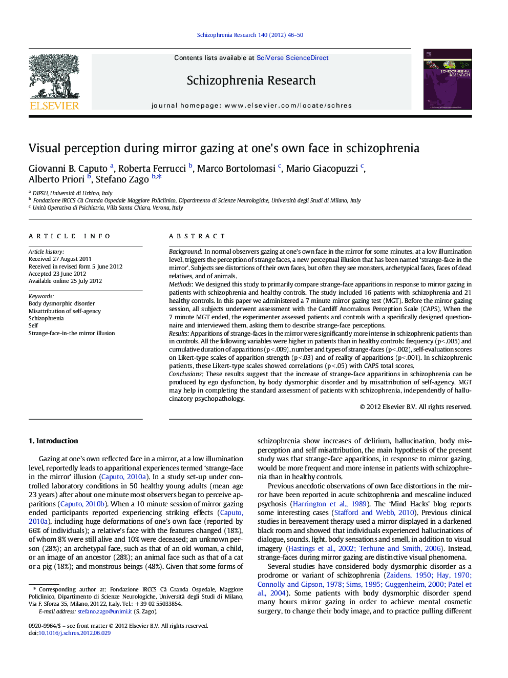 Visual perception during mirror gazing at one's own face in schizophrenia