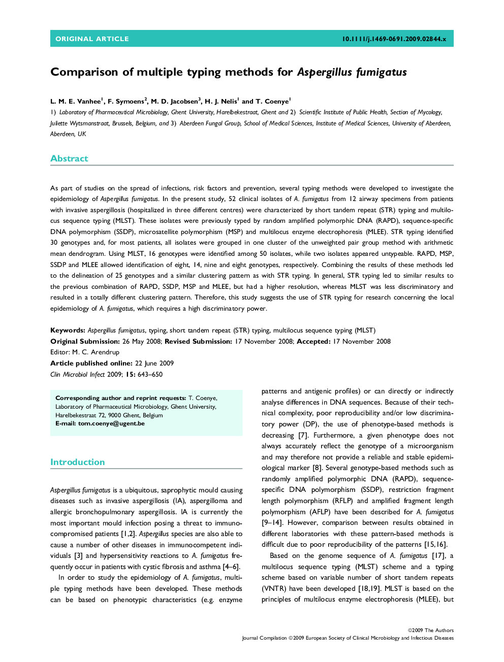 Comparison of multiple typing methods for Aspergillus fumigatus 